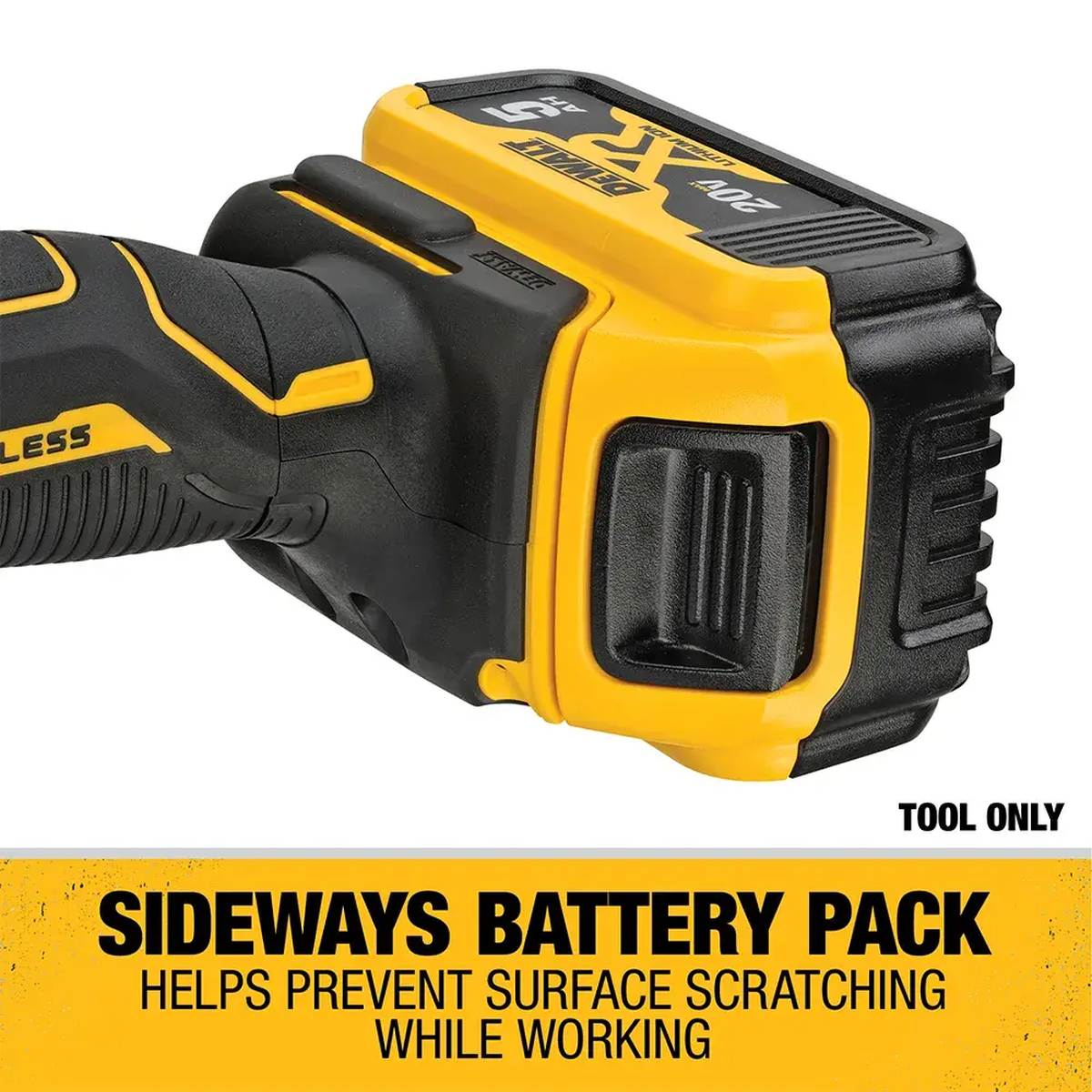 Detailed view of the sideways battery pack orientation on the DEWALT brushless polisher designed to help prevent surface scratching while working on vehicle panels.