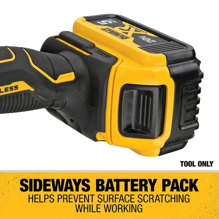 Detailed view of the sideways battery pack orientation on the DEWALT brushless polisher designed to help prevent surface scratching while working on vehicle panels.