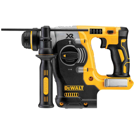 Side profile view of the DEWALT DCH273B 20V MAX XR SDS-Plus cordless rotary hammer featuring a brushless motor, depth rod, and ergonomic 360-degree side handle.