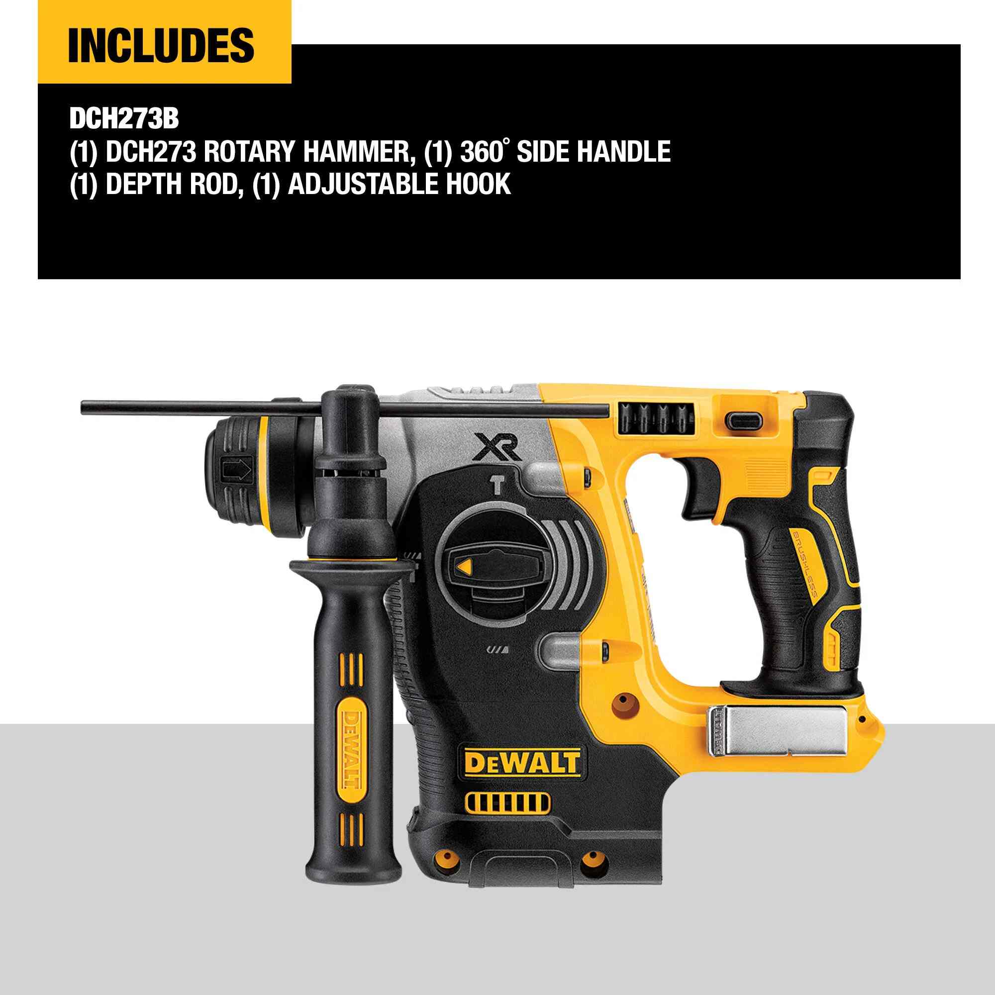Included components diagram for the DEWALT DCH273B rotary hammer kit listing the tool, 360-degree side handle, depth rod, and adjustable utility hook.