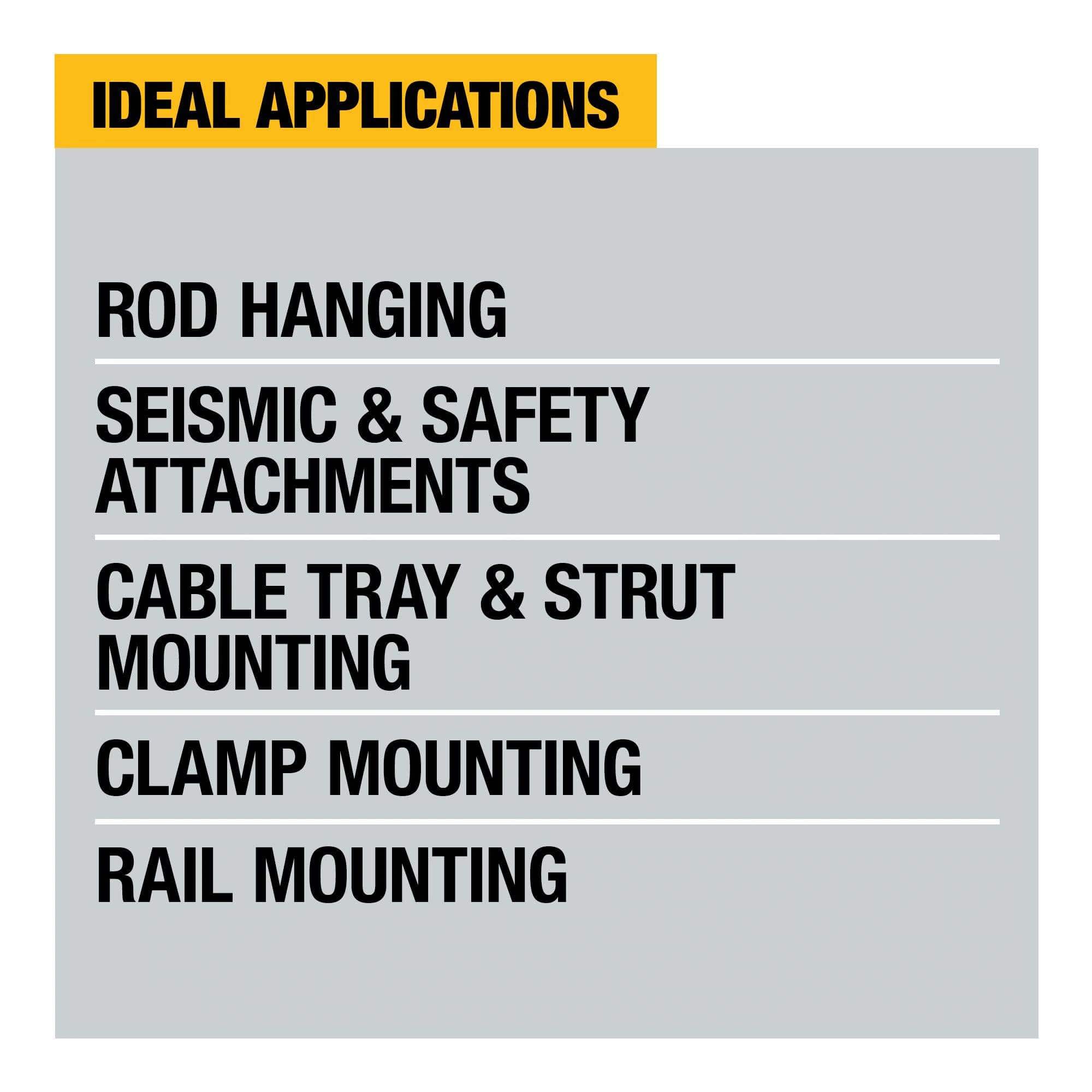 Text graphic listing ideal applications for the DEWALT DCH273 rotary hammer including rod hanging, seismic attachments, cable tray mounting, and rail mounting.