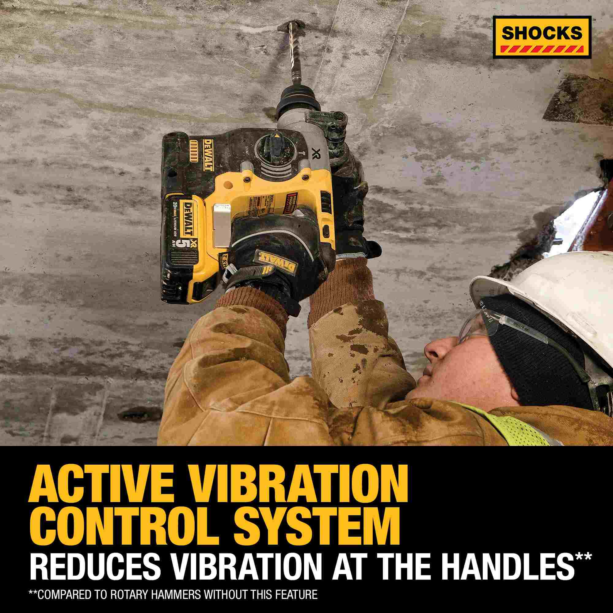 Professional contractor using the DEWALT DCH273B rotary hammer to drill overhead into a concrete ceiling, demonstrating the SHOCKS Active Vibration Control system.