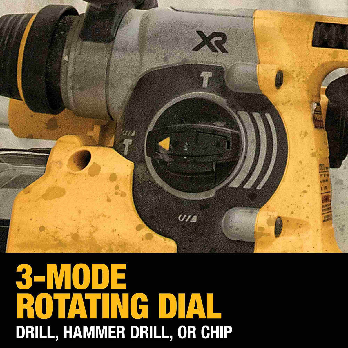 Close-up view of the 3-mode rotating dial on the DEWALT DCH273B allowing the user to easily switch between drill, hammer drill, and chip (chipping) modes.