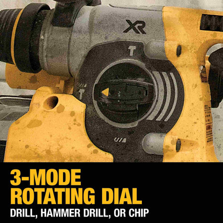Close-up view of the 3-mode rotating dial on the DEWALT DCH273B allowing the user to easily switch between drill, hammer drill, and chip (chipping) modes.
