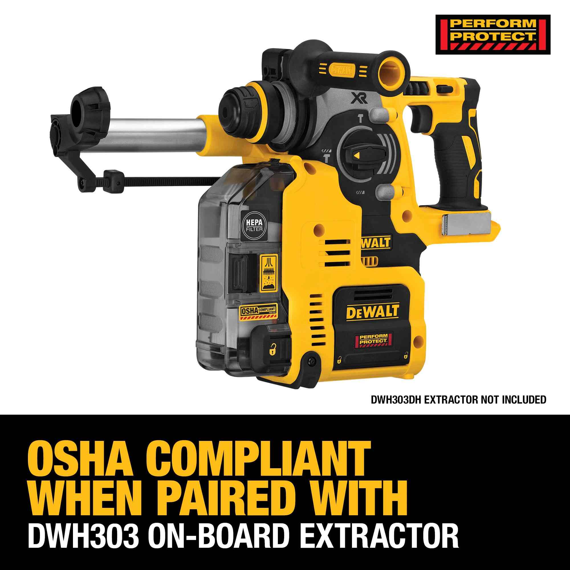 The DEWALT DCH273B rotary hammer shown attached to the DWH303DH on-board dust extractor to provide an OSHA Table 1 compliant silica dust solution.