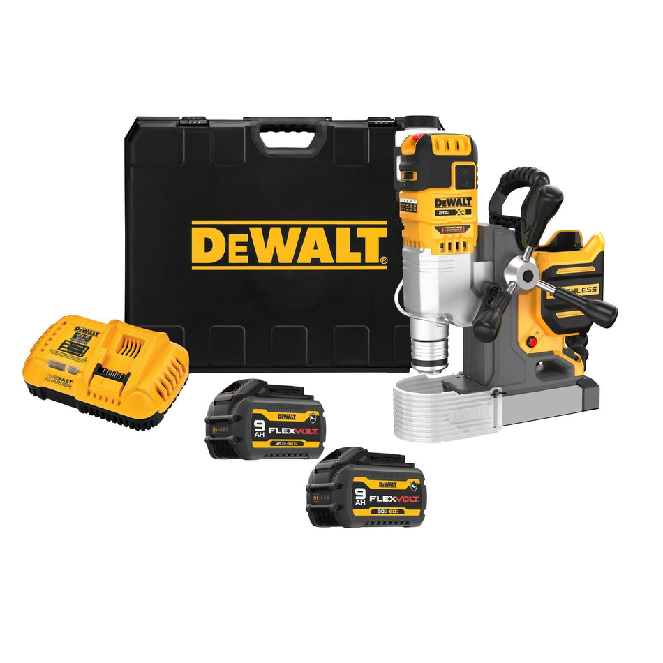 DEWALT DCD1624GX2 cordless magnetic drill press kit displayed with its black hardshell carrying case, a fast battery charger, and two 20V MAX XR FLEXVOLT 9.0Ah lithium ion batteries on a clean white background.
