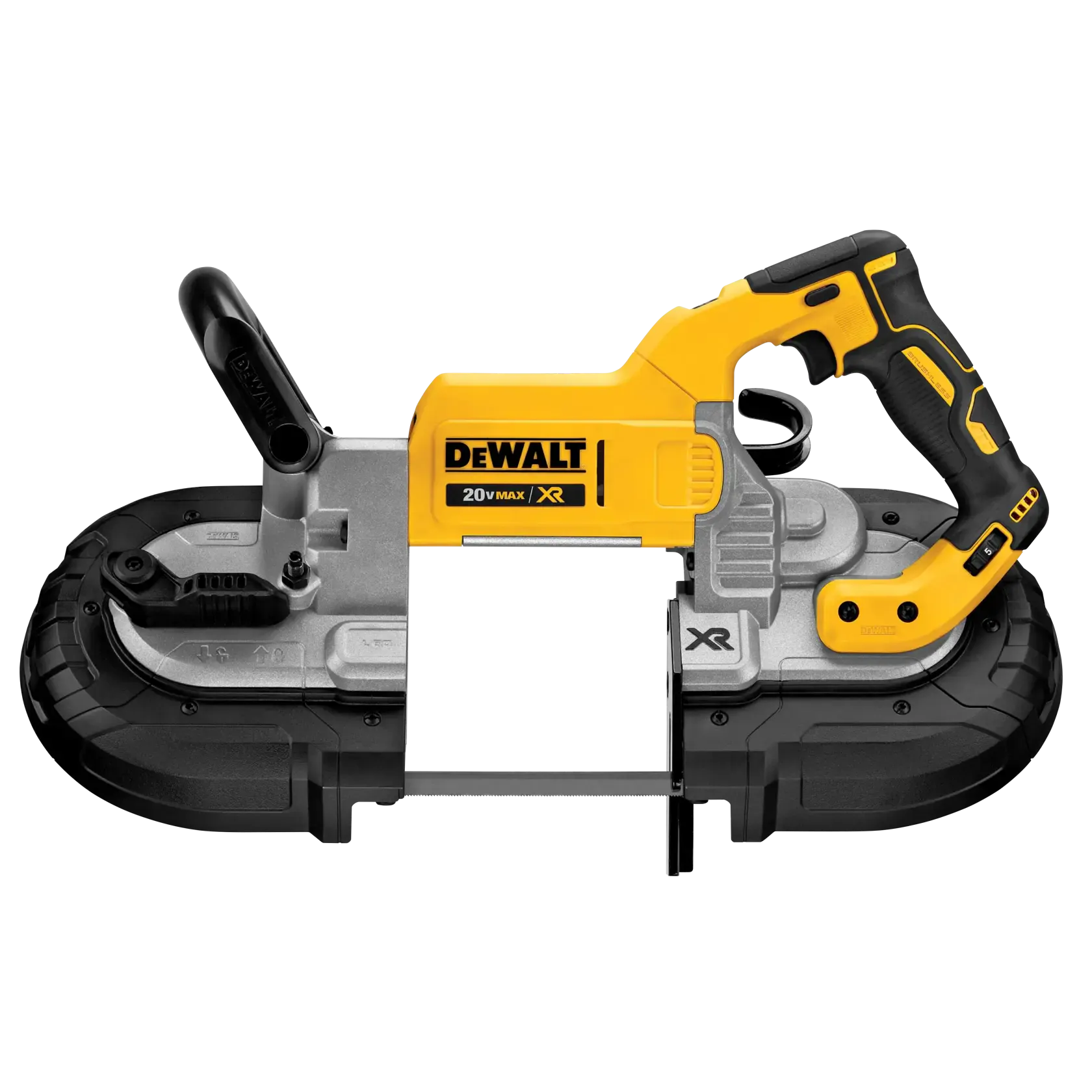 A studio side profile view of the DEWALT DCS374B 20V MAX XR brushless deep cut band saw. The image highlights the rugged yellow and black housing, the large front handle for stability, and the high-capacity 5-inch cutting throat designed for heavy-duty metal fabrication.