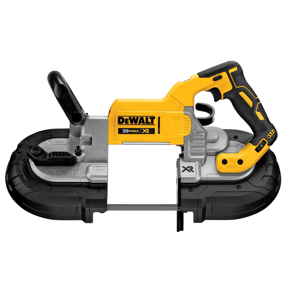 A studio side profile view of the DEWALT DCS374B 20V MAX XR brushless deep cut band saw. The image highlights the rugged yellow and black housing, the large front handle for stability, and the high-capacity 5-inch cutting throat designed for heavy-duty metal fabrication.