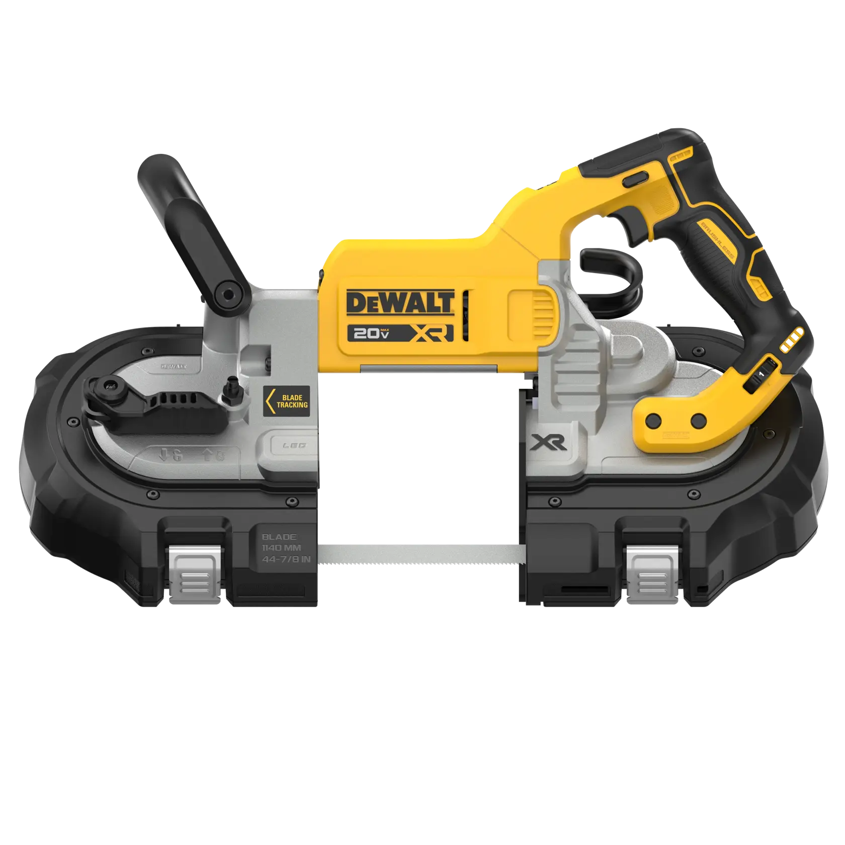 A three-quarter studio perspective of the DEWALT cordless portable band saw. This view emphasizes the balanced design of the tool, showing the integrated hang hook and the durable baseplate assembly engineered for professional jobsite durability.