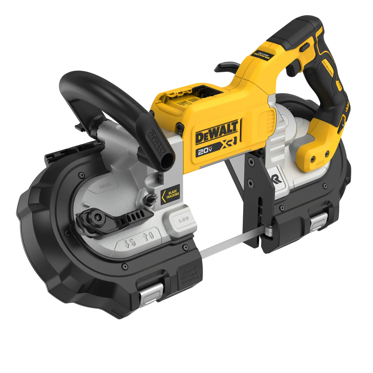 An elevated studio view of the DEWALT DCS374B band saw. The image provides a clear look at the brushless motor housing and the top-mounted battery port, demonstrating the ergonomic grip and the tool-free blade changing lever for rapid maintenance.
