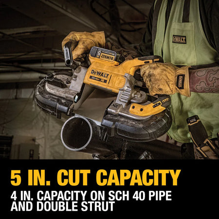 A close-up lifestyle shot of the DEWALT band saw cutting through a large steel pipe. A high-contrast text overlay highlights the 5-inch cut capacity and notes the tool’s ability to handle schedule 40 pipe and double strut with its brushless power.