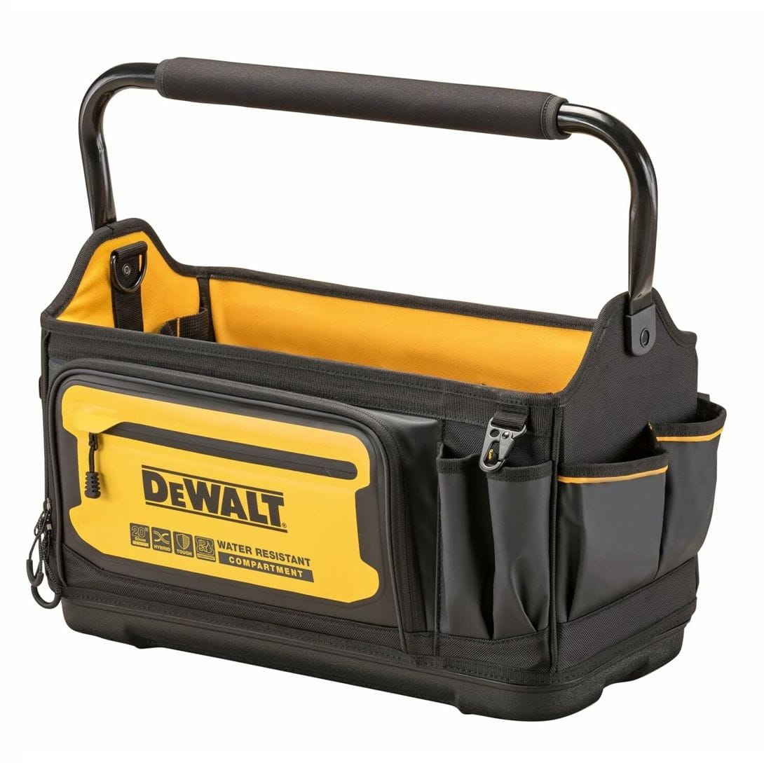 Angled view of a DEWALT tool tote showcasing its water-resistant front compartment and multiple storage pockets. The black and yellow design includes a padded handle and side compartments for organizing tools and accessories.
