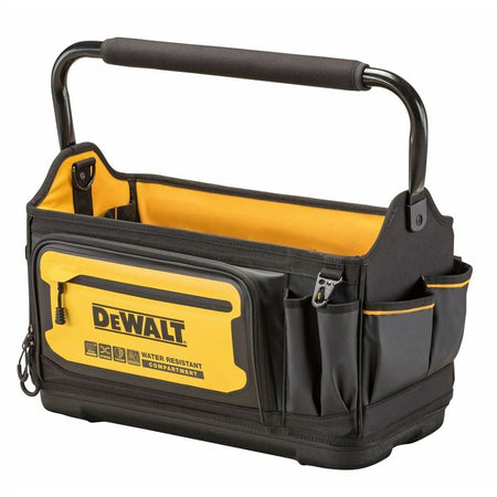 Angled view of a DEWALT tool tote showcasing its water-resistant front compartment and multiple storage pockets. The black and yellow design includes a padded handle and side compartments for organizing tools and accessories.