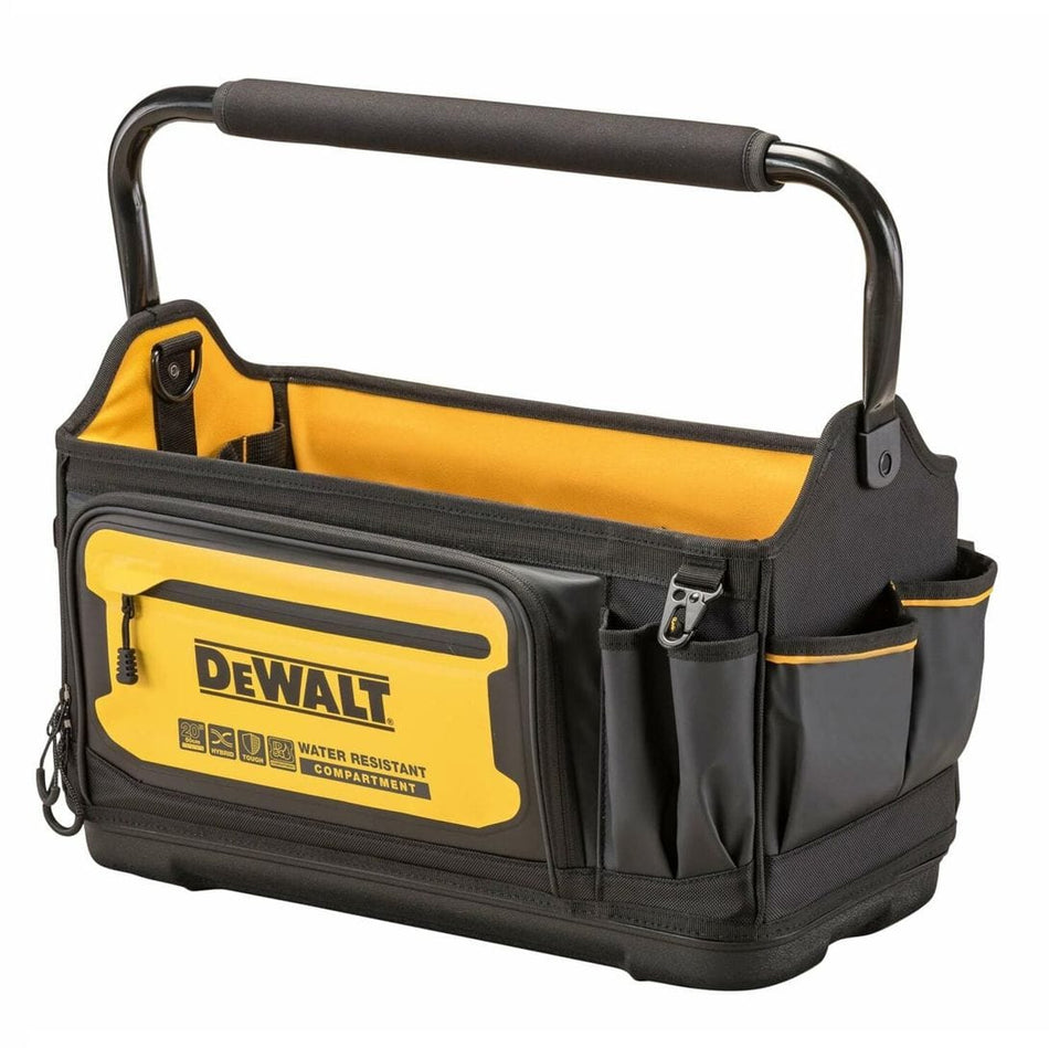 Angled view of a DEWALT tool tote showcasing its water-resistant front compartment and multiple storage pockets. The black and yellow design includes a padded handle and side compartments for organizing tools and accessories.