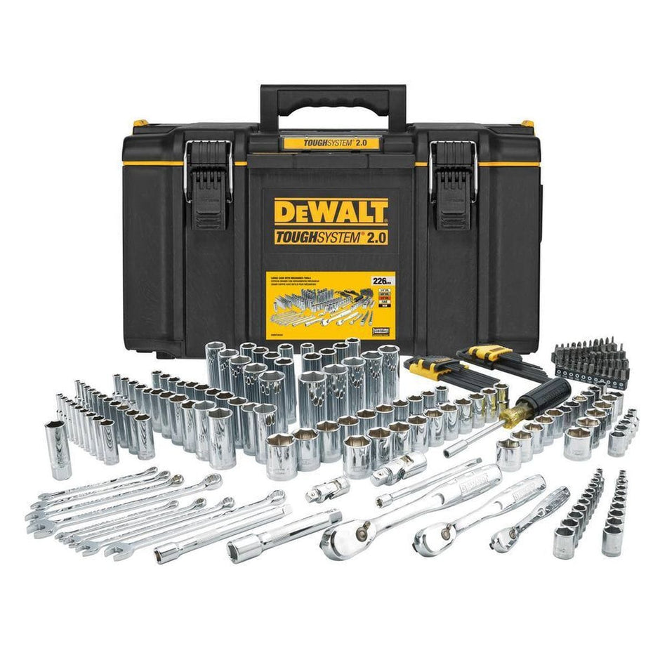 Complete DEWALT 226-piece mechanics tool set displayed in front of the included ToughSystem 2.0 large toolbox featuring a professional-grade selection of chrome vanadium ratchets, sockets, and wrenches.
