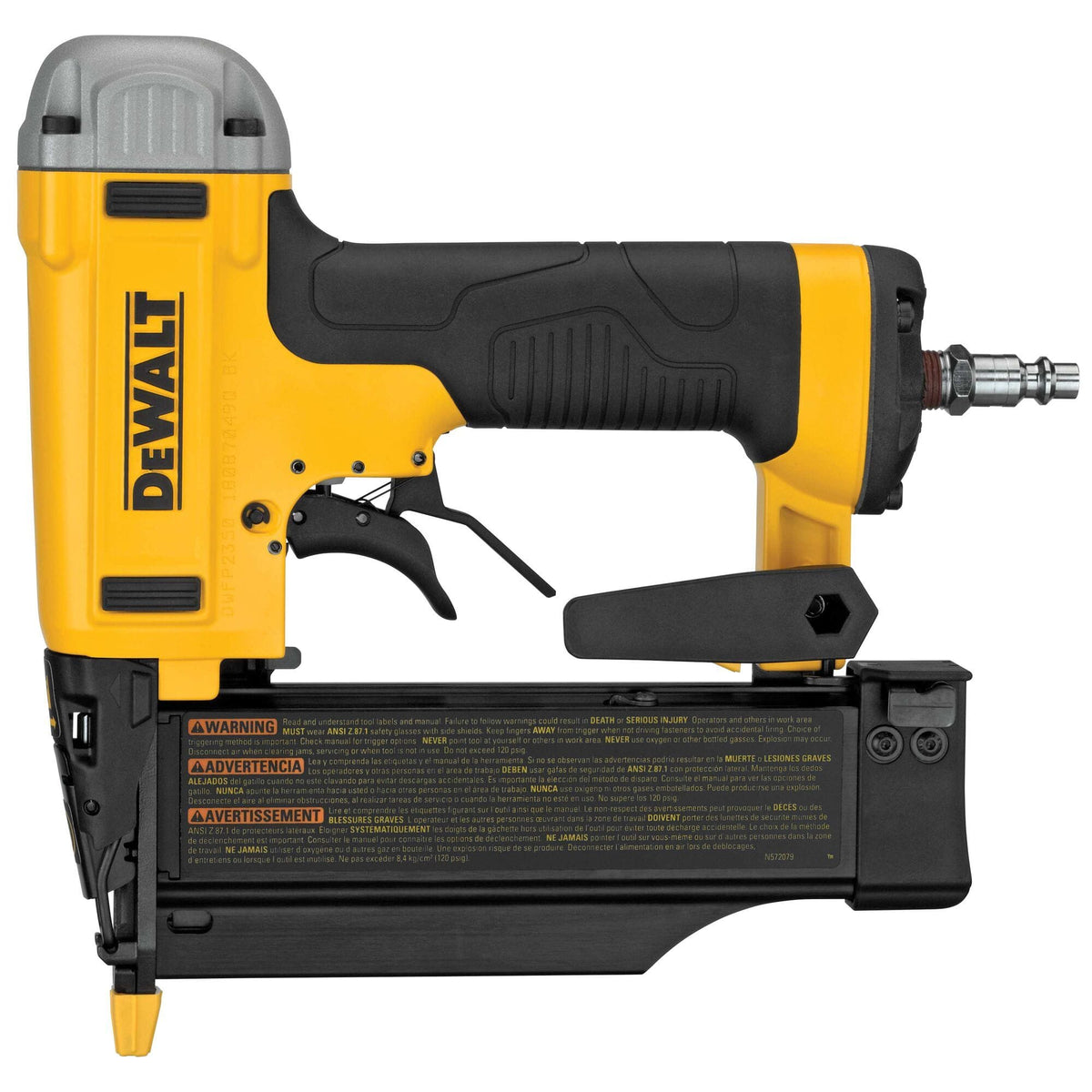 A side profile studio shot of the DeWalt DWFP2350K 23-gauge pin nailer, showing the trigger, magazine, and belt hook.