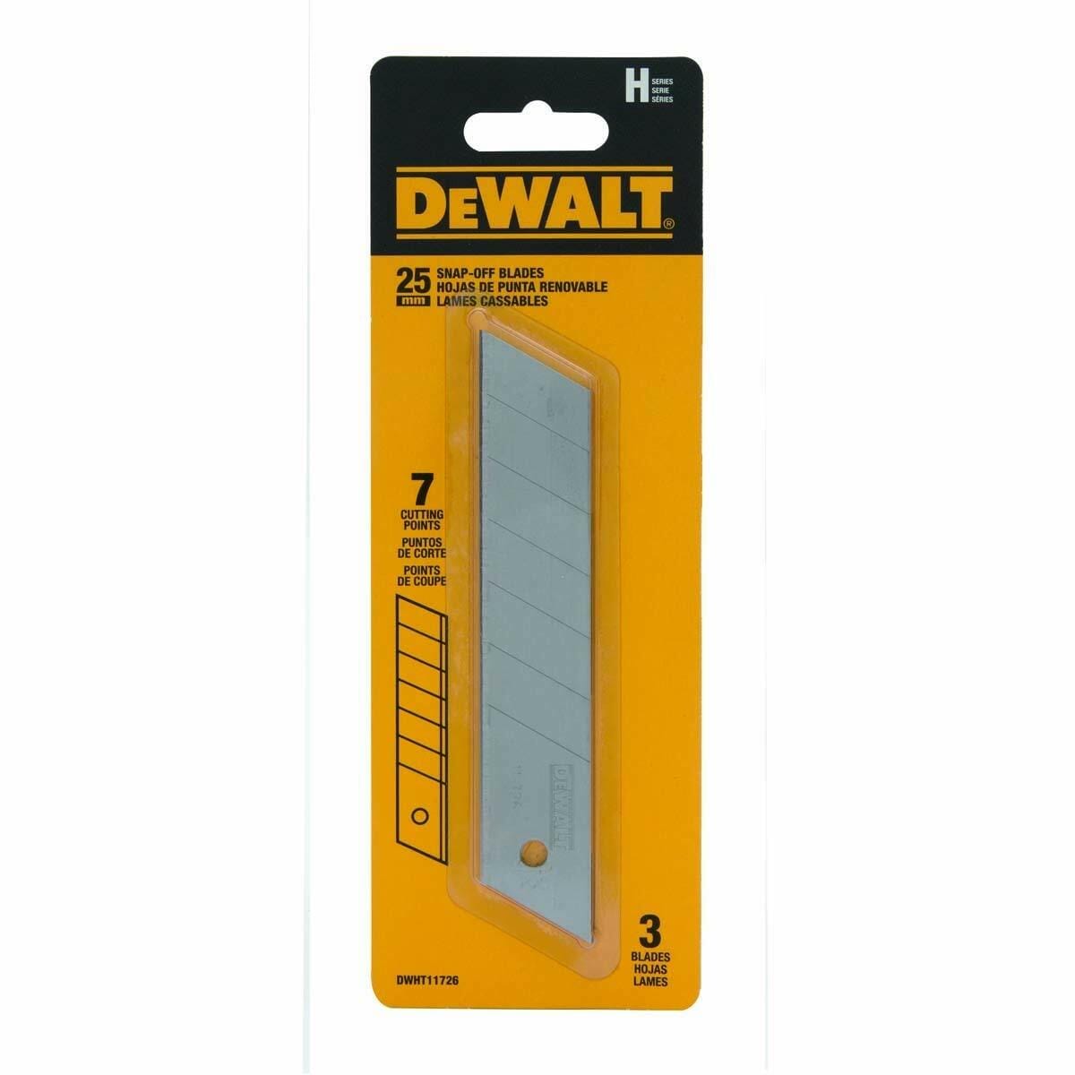 Retail blister pack for the DEWALT DWHT11726 25mm snap-off blades, showing the 3-pack of blades and highlighting the 7 cutting points feature on the packaging.