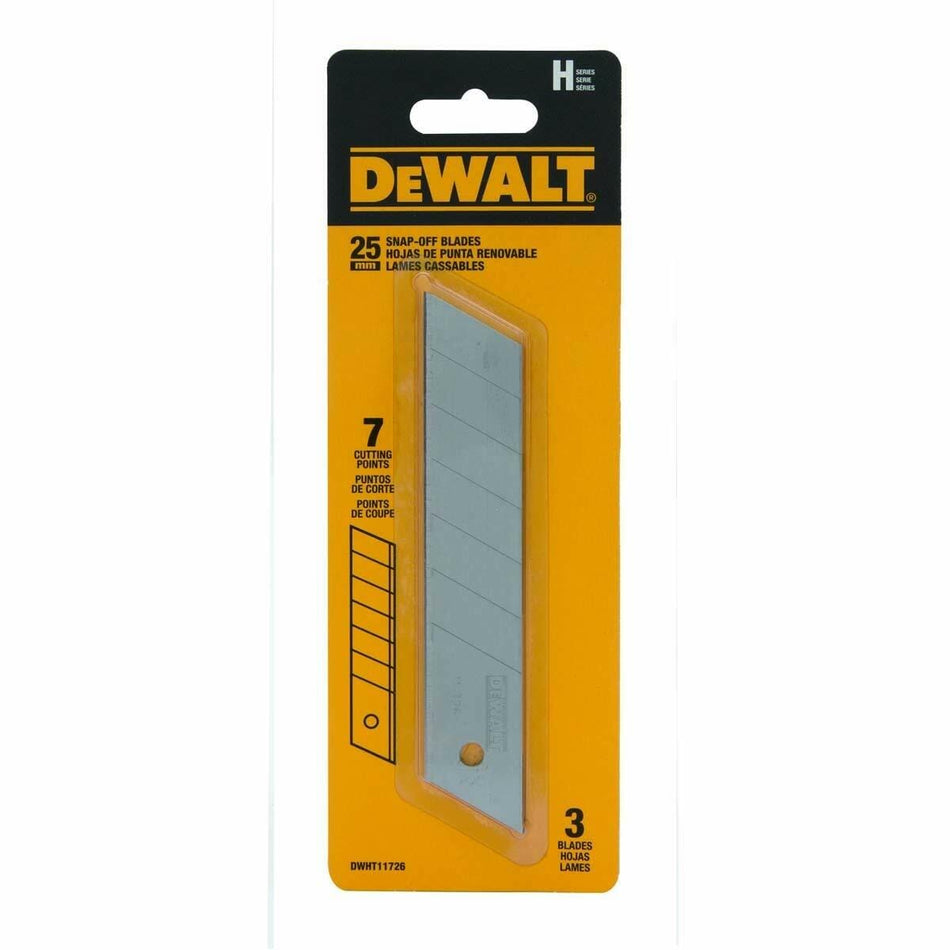 Retail blister pack for the DEWALT DWHT11726 25mm snap-off blades, showing the 3-pack of blades and highlighting the 7 cutting points feature on the packaging.