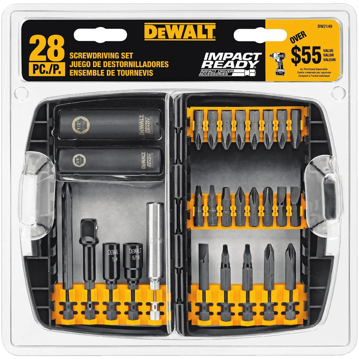 DEWALT 28-piece Impact Ready screwdriving bit set displayed in a clear-lid plastic case, showing organized Phillips, slotted, square, Torx, nut driver bits, socket adapter, and magnetic bit holder.