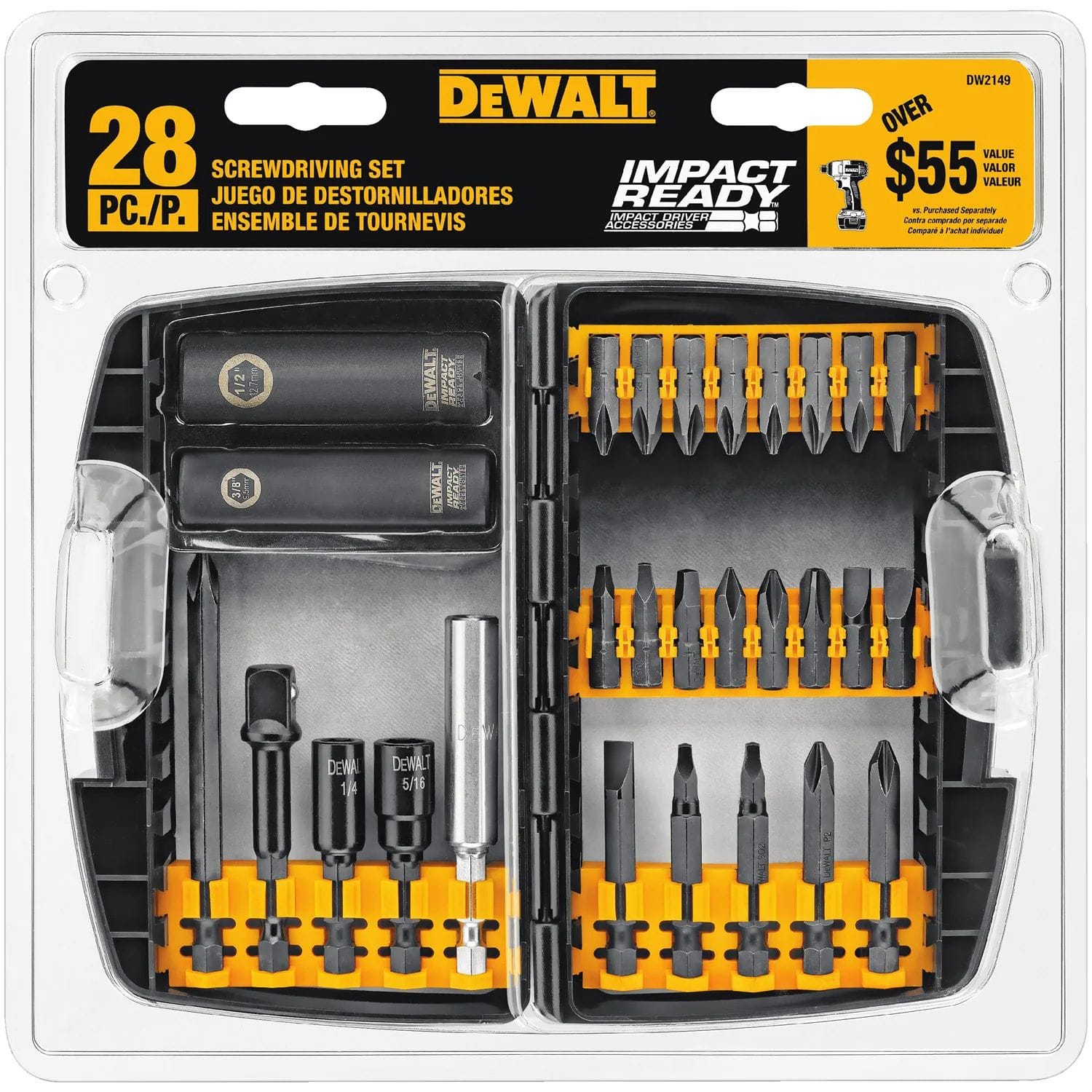 DEWALT 28-piece Impact Ready screwdriving bit set displayed in a clear-lid plastic case, showing organized Phillips, slotted, square, Torx, nut driver bits, socket adapter, and magnetic bit holder.