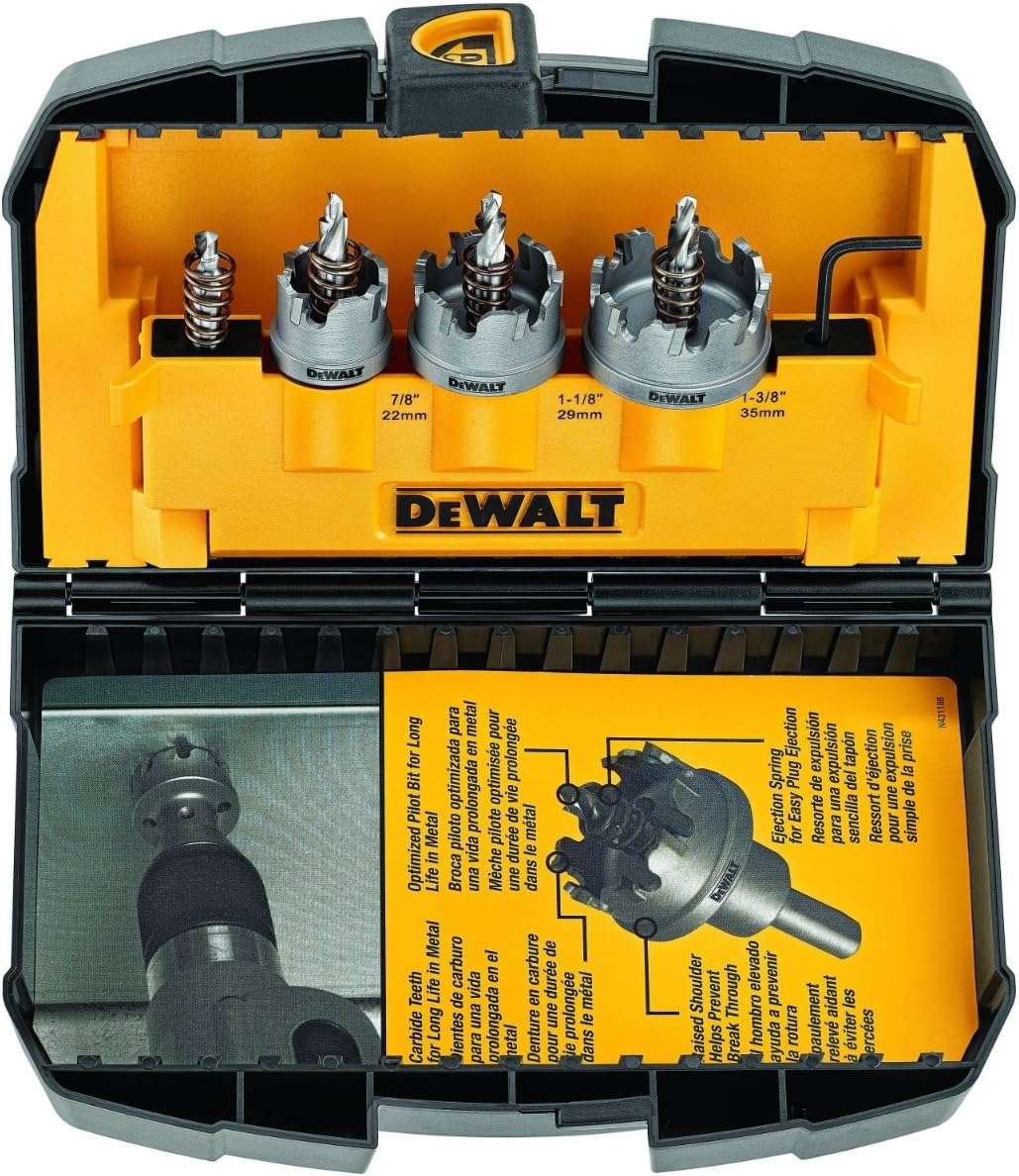 DEWALT DWACM1802 Metal Cut Carbide Holesaw Set, 3 Piece. The image shows an open black and yellow Dewalt carrying case containing a set of metal-cutting carbide hole saws. The top section has three silver hole saws of varying diameters, a spring, and a hex key, while the bottom section holds a pilot drill bit and product information.
