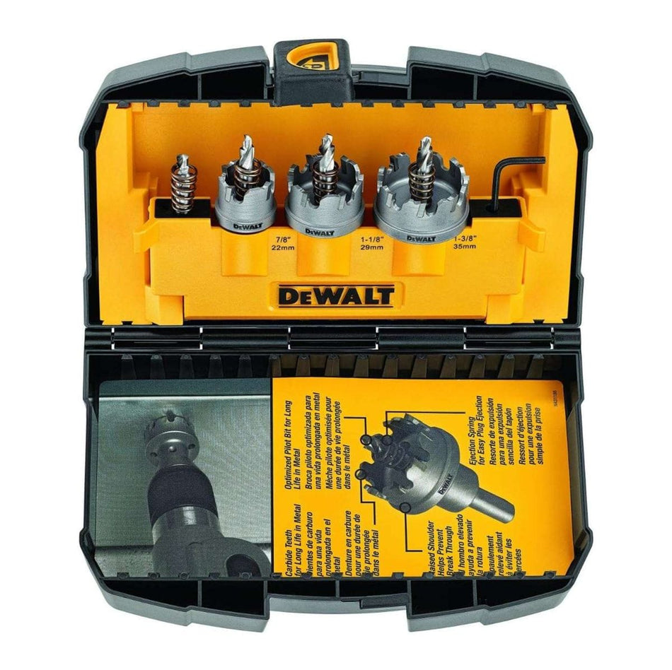 DEWALT DWACM1802 Metal Cut Carbide Holesaw Set, 3 Piece. The image shows an open black and yellow Dewalt carrying case containing a set of metal-cutting carbide hole saws. The top section has three silver hole saws of varying diameters, a spring, and a hex key, while the bottom section holds a pilot drill bit and product information.