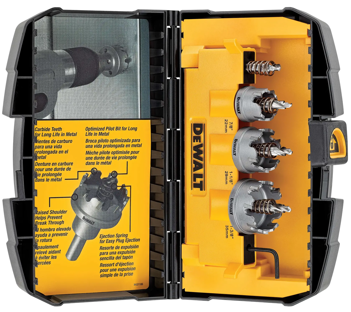 An open view of the DEWALT 3-piece carbide hole saw set inside its high-impact yellow and black storage case. The image showcases three individual hole saws in 7/8-inch, 1-1/8-inch, and 1-3/8-inch sizes, each featuring carbide teeth, an optimized pilot bit, and an integrated ejection spring for easy plug removal. An infographic on the left door details the raised shoulder design meant to prevent breakthrough.