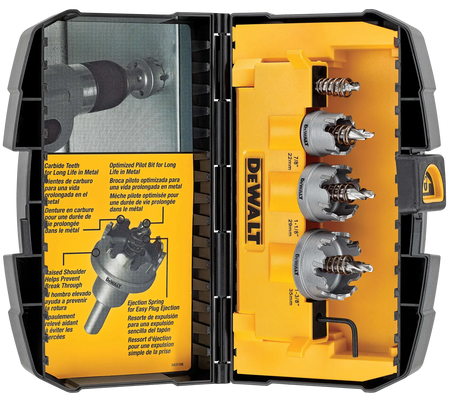 An open view of the DEWALT 3-piece carbide hole saw set inside its high-impact yellow and black storage case. The image showcases three individual hole saws in 7/8-inch, 1-1/8-inch, and 1-3/8-inch sizes, each featuring carbide teeth, an optimized pilot bit, and an integrated ejection spring for easy plug removal. An infographic on the left door details the raised shoulder design meant to prevent breakthrough.