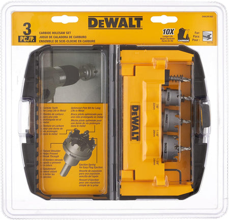 The DEWALT DWACM1802 carbide hole saw set in its original retail blister pack. The packaging highlights the 3-piece count and promises 10X longer life in metal cutting applications compared to standard bi-metal saws. The transparent window displays the organized kit and technical illustrations of the carbide-tipped drilling performance.