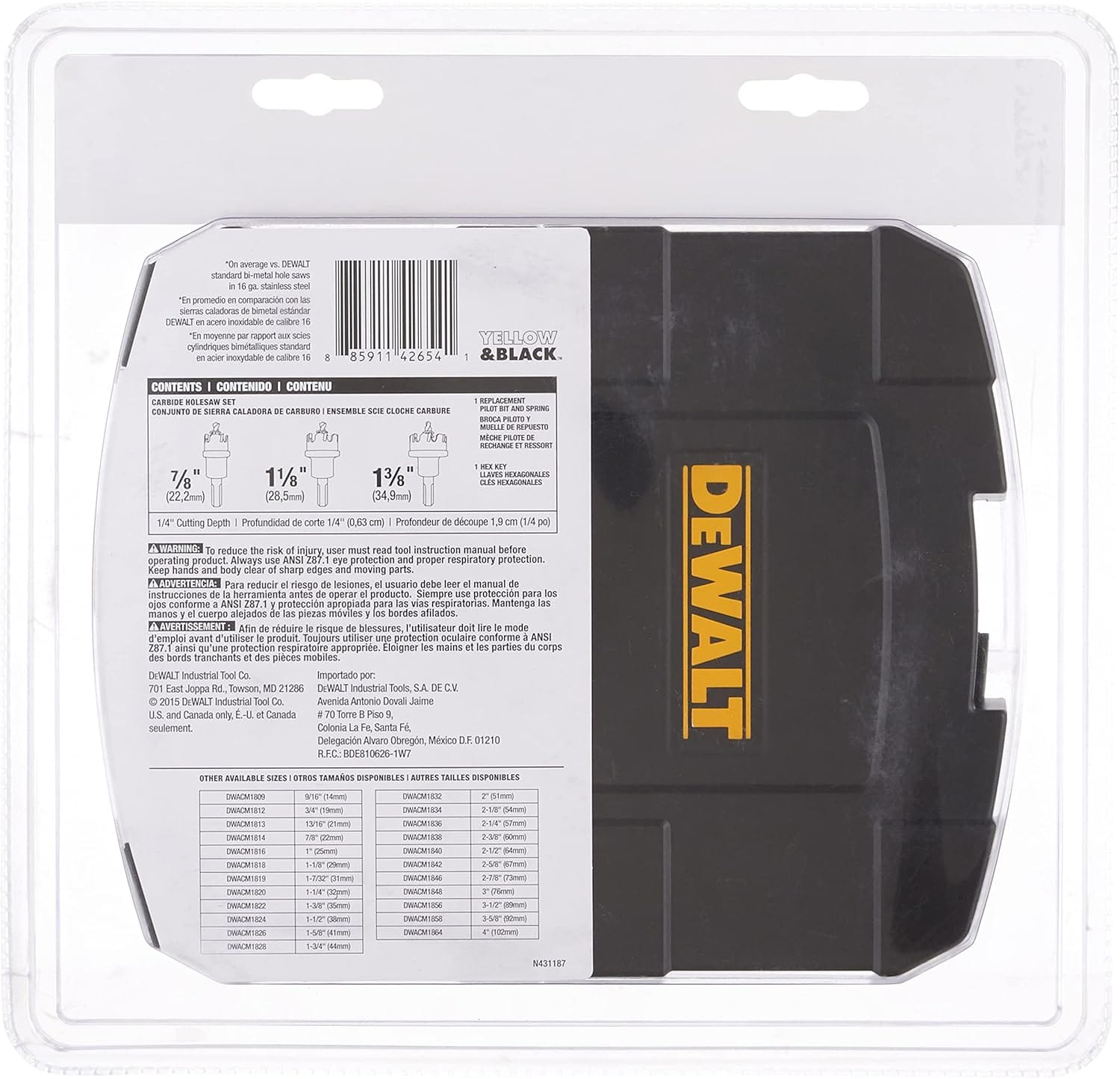 The back of the DEWALT DWACM1802 retail packaging displaying a contents list and technical specifications. The graphic shows the 1/4-inch cutting depth and identifies the 7/8-inch, 1-1/8-inch, and 1-3/8-inch saw sizes. A comprehensive table at the bottom lists other available carbide hole saw sizes for professional metalworking and industrial maintenance.