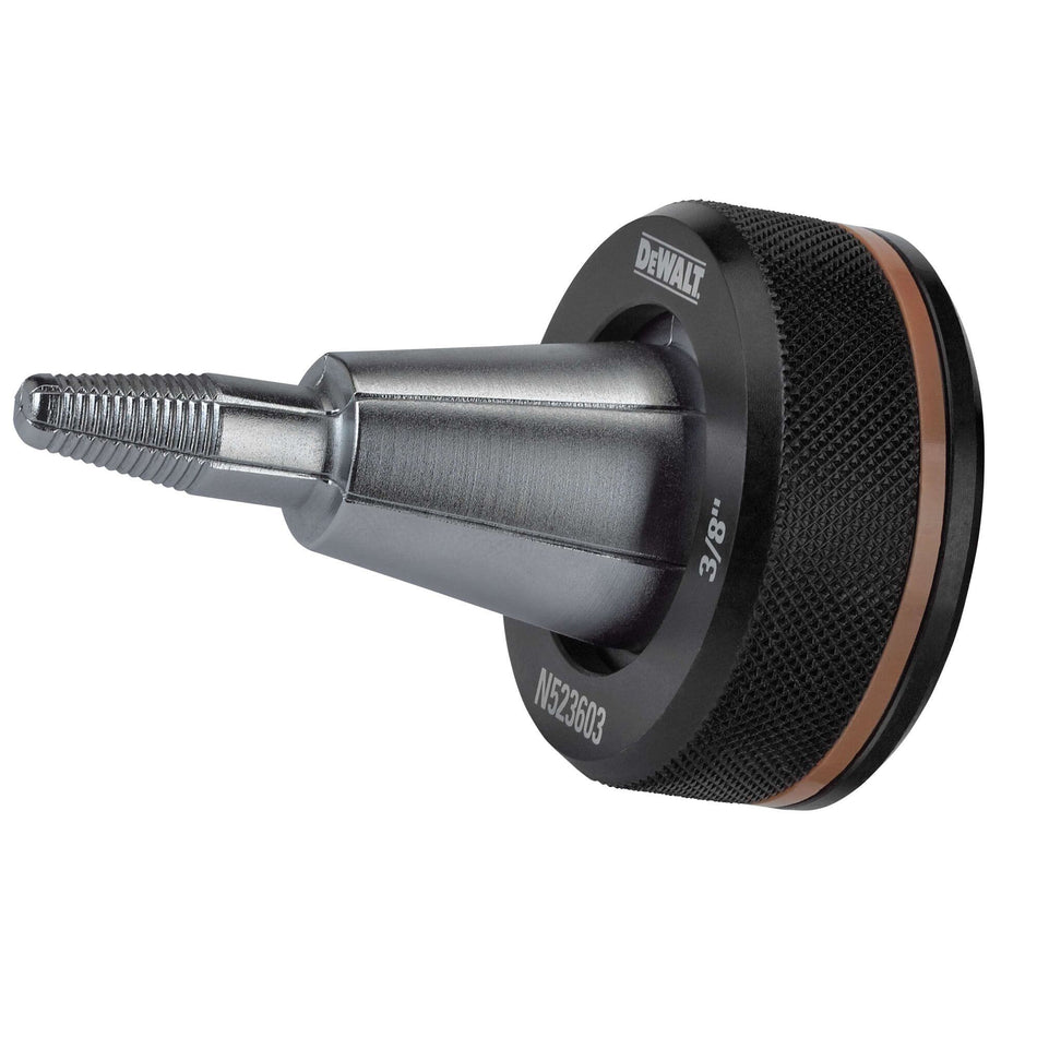 DEWALT 3/8 inch PEX expander head model DCE40038 featuring a chrome-plated cone and black zinc-plated knurled base with etched size markings and a brown color-coded identification band.