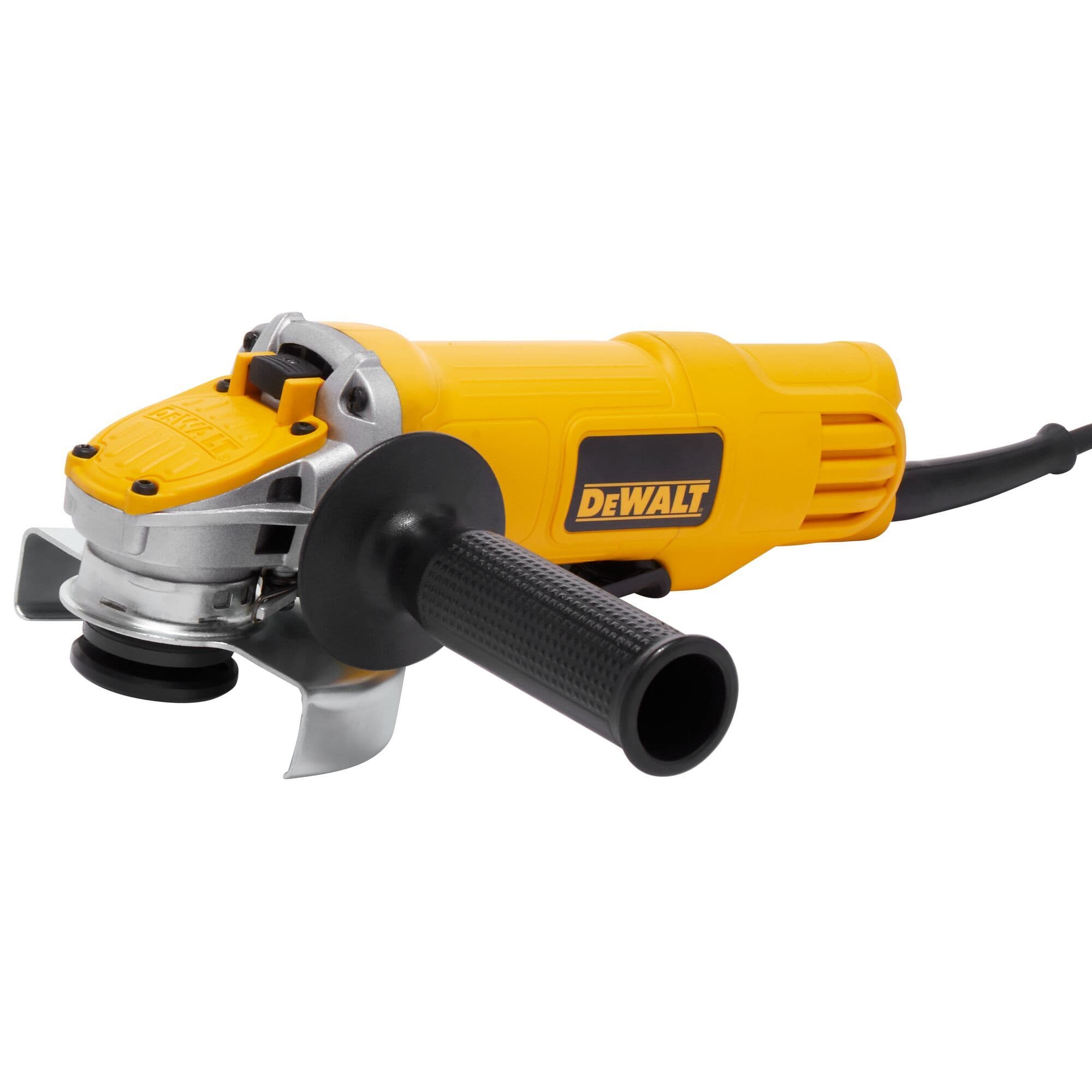 DEWALT 4-1/2 inch angle grinder model DWE4120 featuring a yellow and black ergonomic body with a 9 amp motor and a side handle for stable metal grinding and cutting.