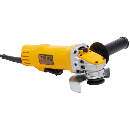 Left side profile of the DEWALT DWE4120 small angle grinder showing the paddle switch design, adjustable one-touch guard, and manufacturer specifications label on the motor housing.