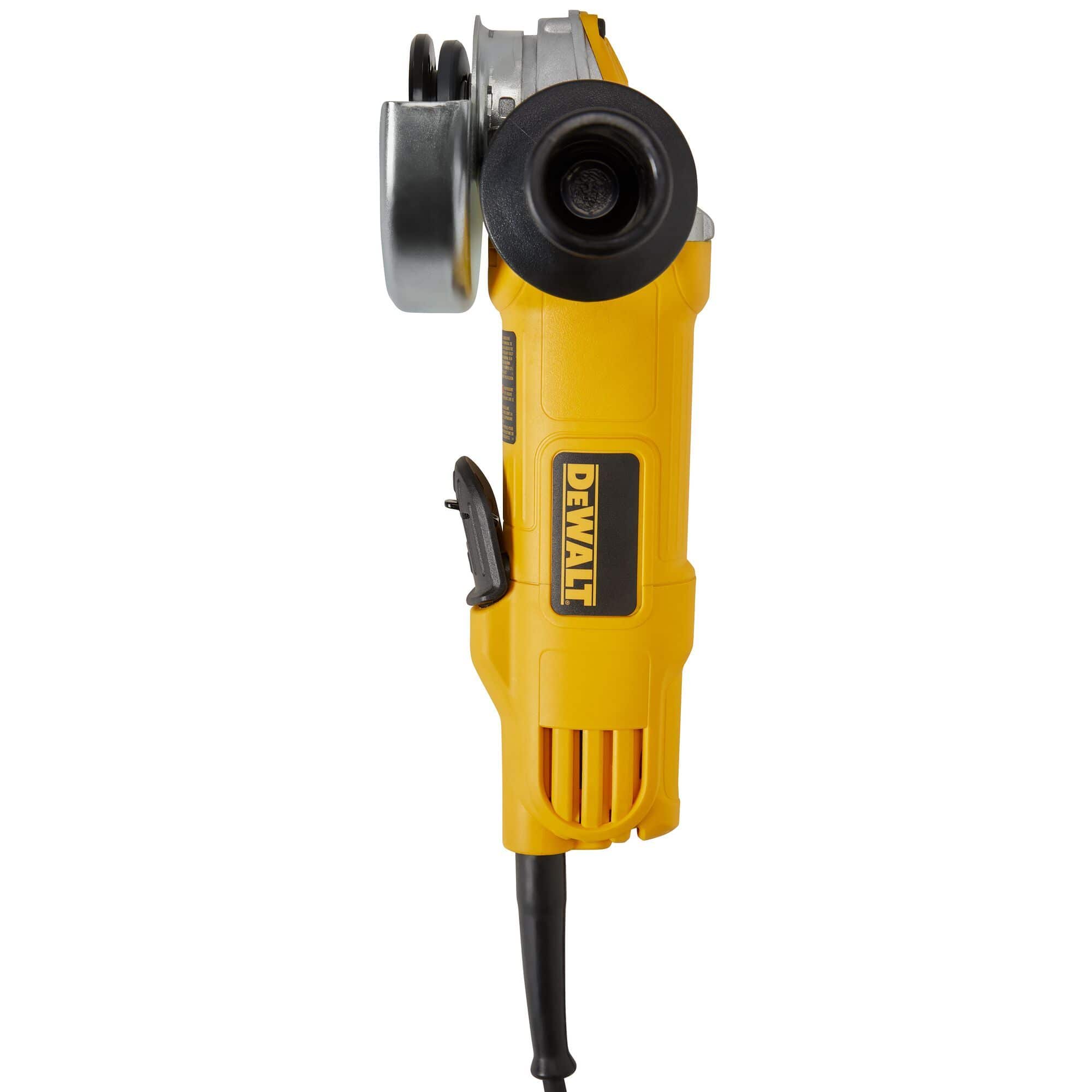 Top-down view of the DEWALT 4.5 inch corded angle grinder highlighting the slim body design and the top-mounted spindle lock button for quick wheel changes.