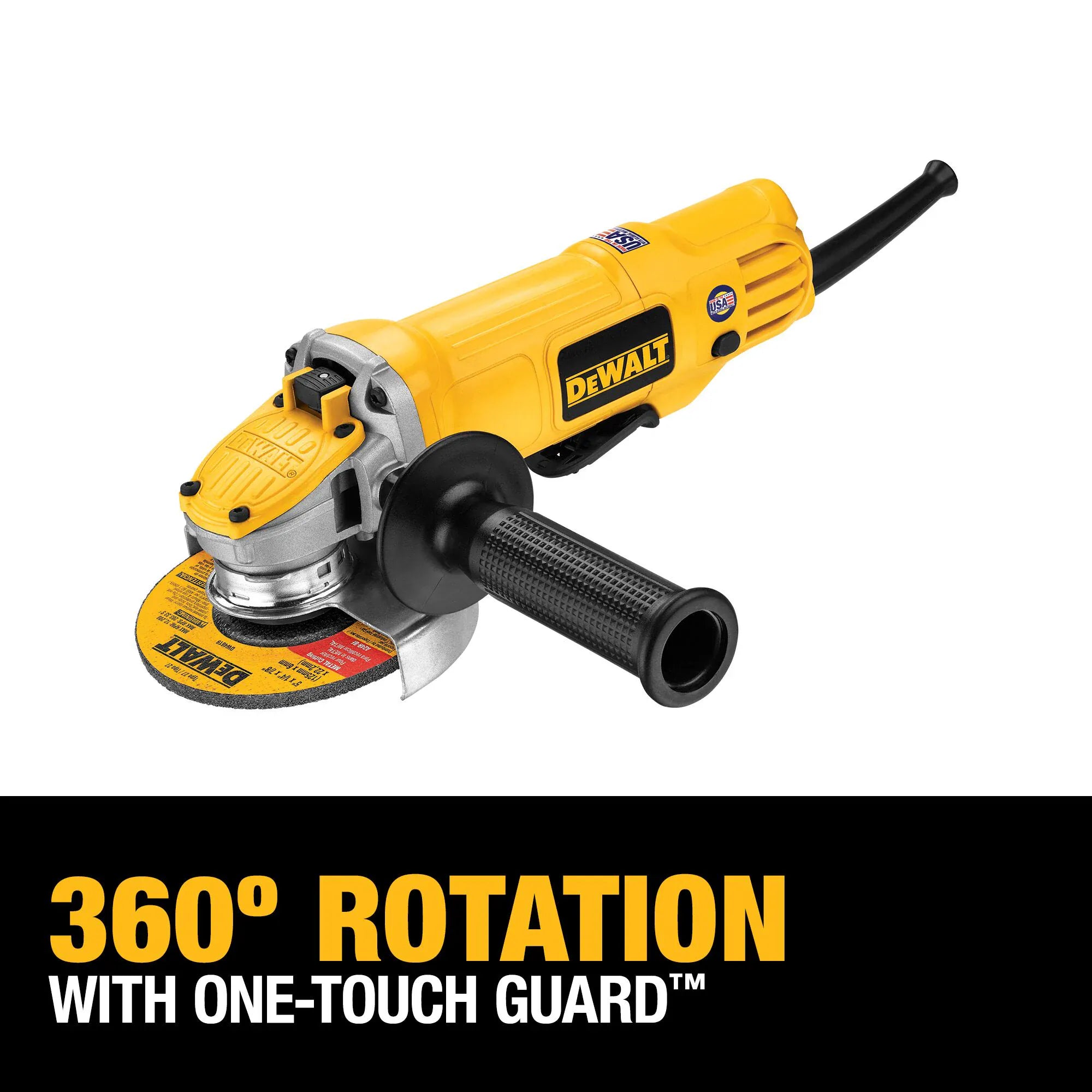 DEWALT 4-1/2 inch metal grinding tool with a focus on the one-touch guard that allows for easy tool-free rotation to redirect sparks during operation.