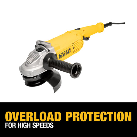 DEWALT DWE4120 corded grinder highlighting the high-speed overload protection technology designed to prevent motor damage during heavy-duty material removal.