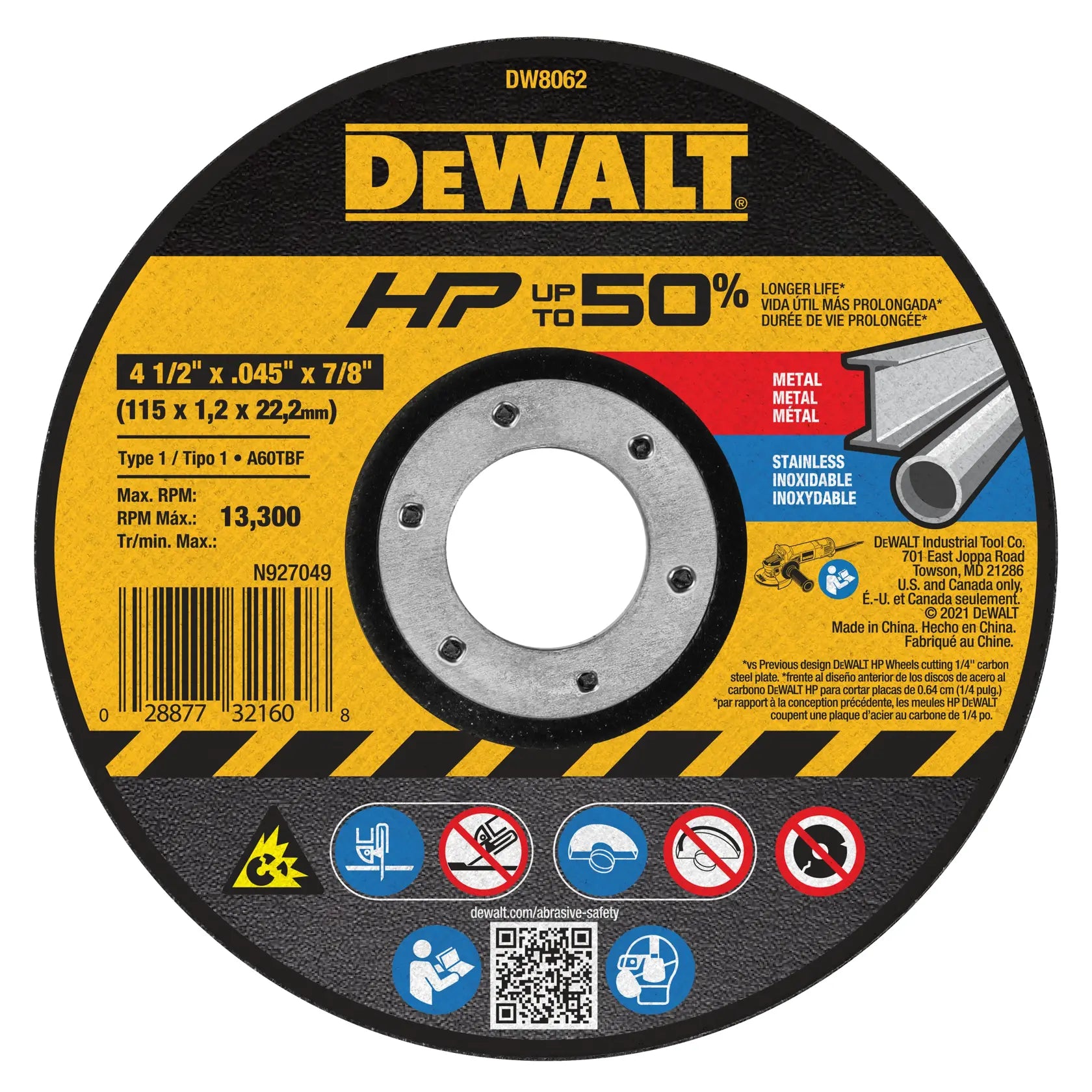 Front view of the DEWALT DW8062 4.5-inch x .045-inch x 7/8-inch aluminum oxide cut-off wheel displaying the 13,300 Max RPM rating, safety icons, and industrial certifications for professional metal fabrication.