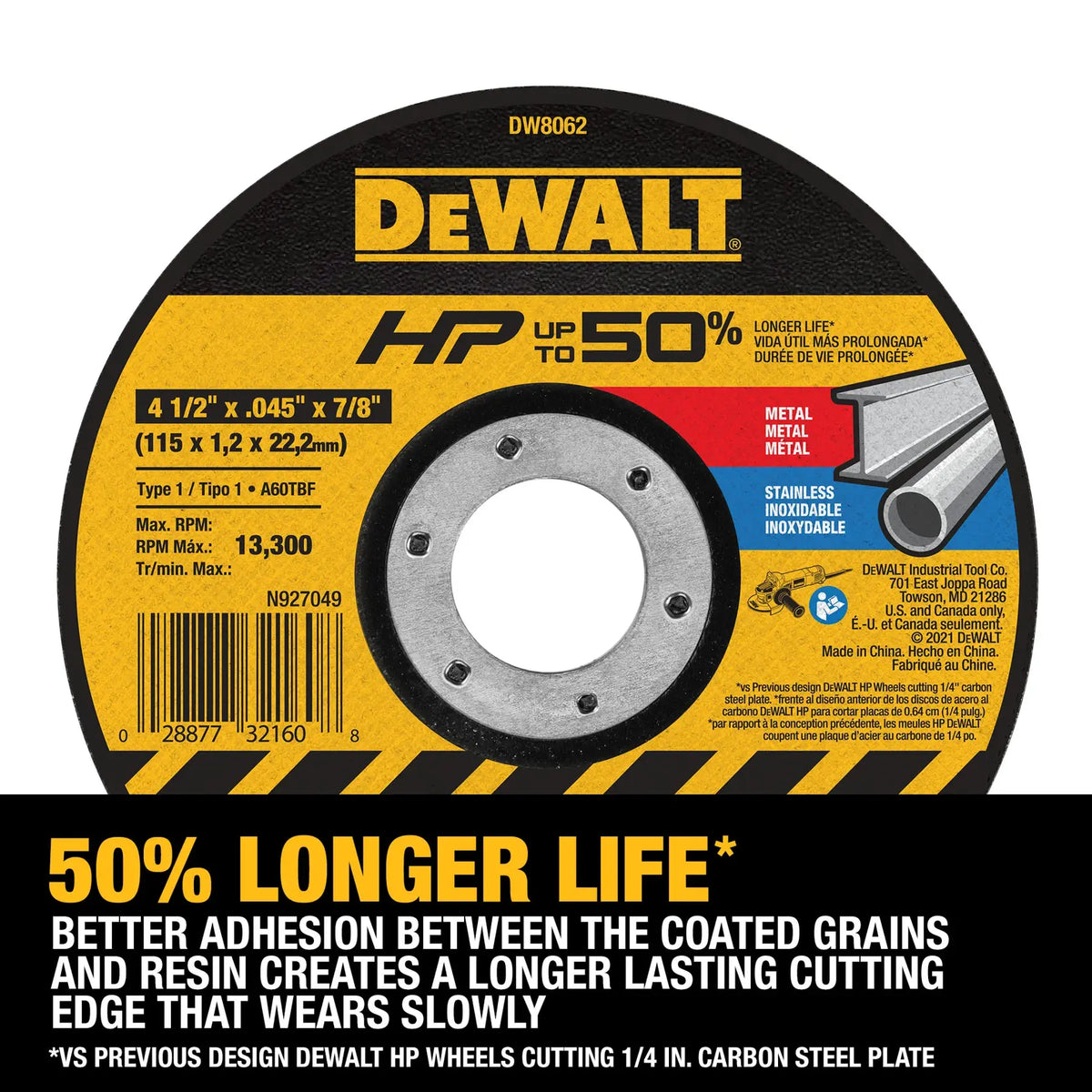Infographic for the DEWALT DW8062 high-performance cutting wheel explaining the 50% longer life feature through improved adhesion between the coated abrasive grains and the resin bond.