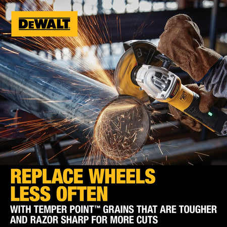 Professional fabricator using an angle grinder equipped with a DEWALT DW8062 abrasive wheel to cut carbon steel, emphasizing the razor-sharp Temper Point grains that provide a longer life and more cuts per wheel.