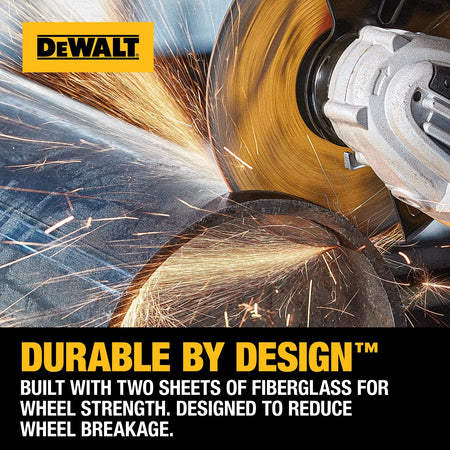 Close-up action shot of a DEWALT DW8062 cut-off wheel cutting through a heavy-duty industrial metal pipe with sparks flying, highlighting the durable design reinforced with two sheets of fiberglass for maximum wheel strength.