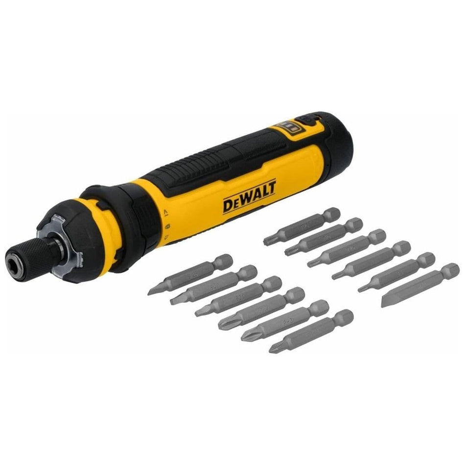 Dewalt 4V cordless screwdriver shown with 12 interchangeable bits arranged in two rows. Tool features textured grip and quick-load bit holder.