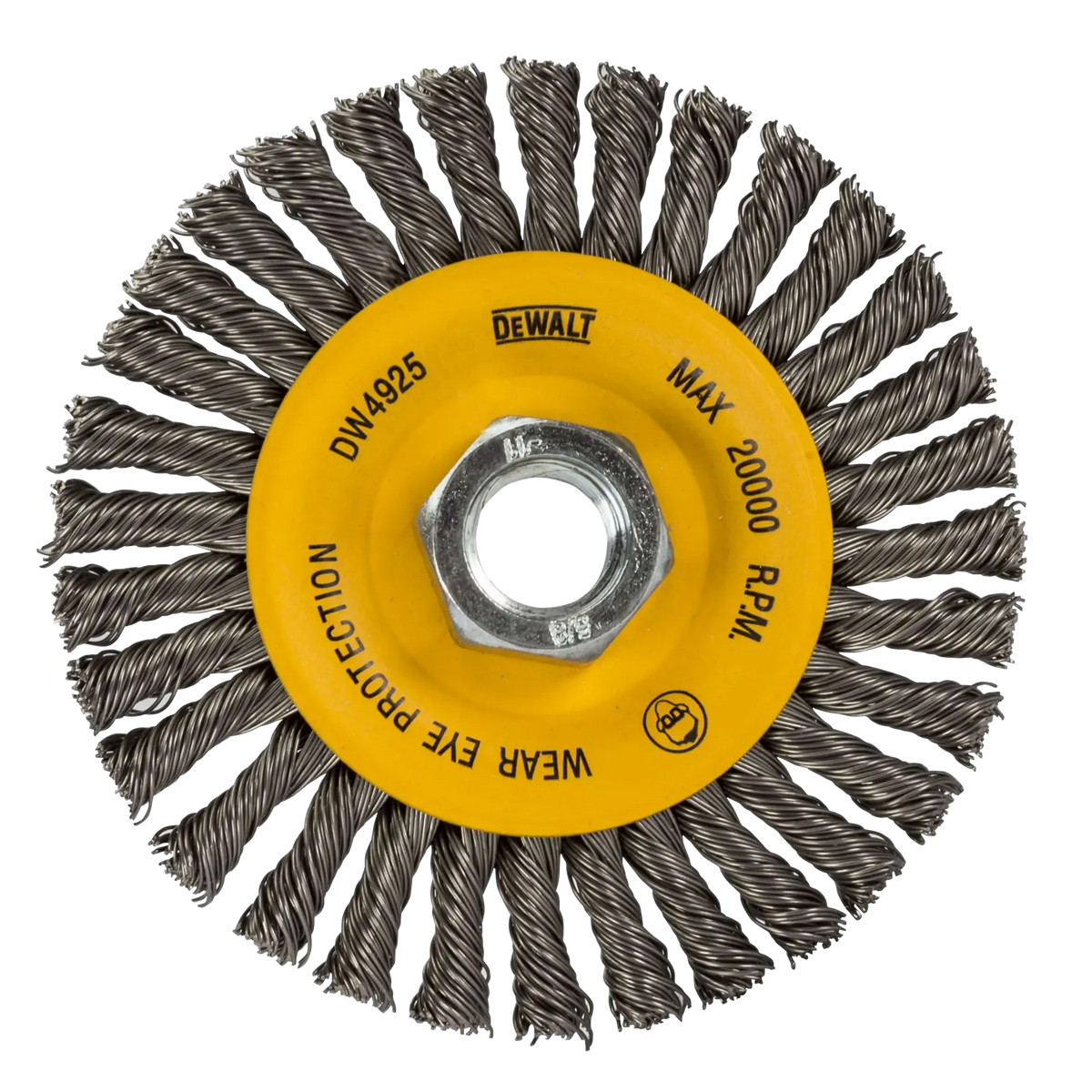 A top-down studio view of the DEWALT DW4925B 4-inch carbon stringer bead wire wheel. The image features the yellow metal center with a 5/8-11 inch threaded arbor, surrounded by aggressive knot-twisted carbon steel wire bristles.