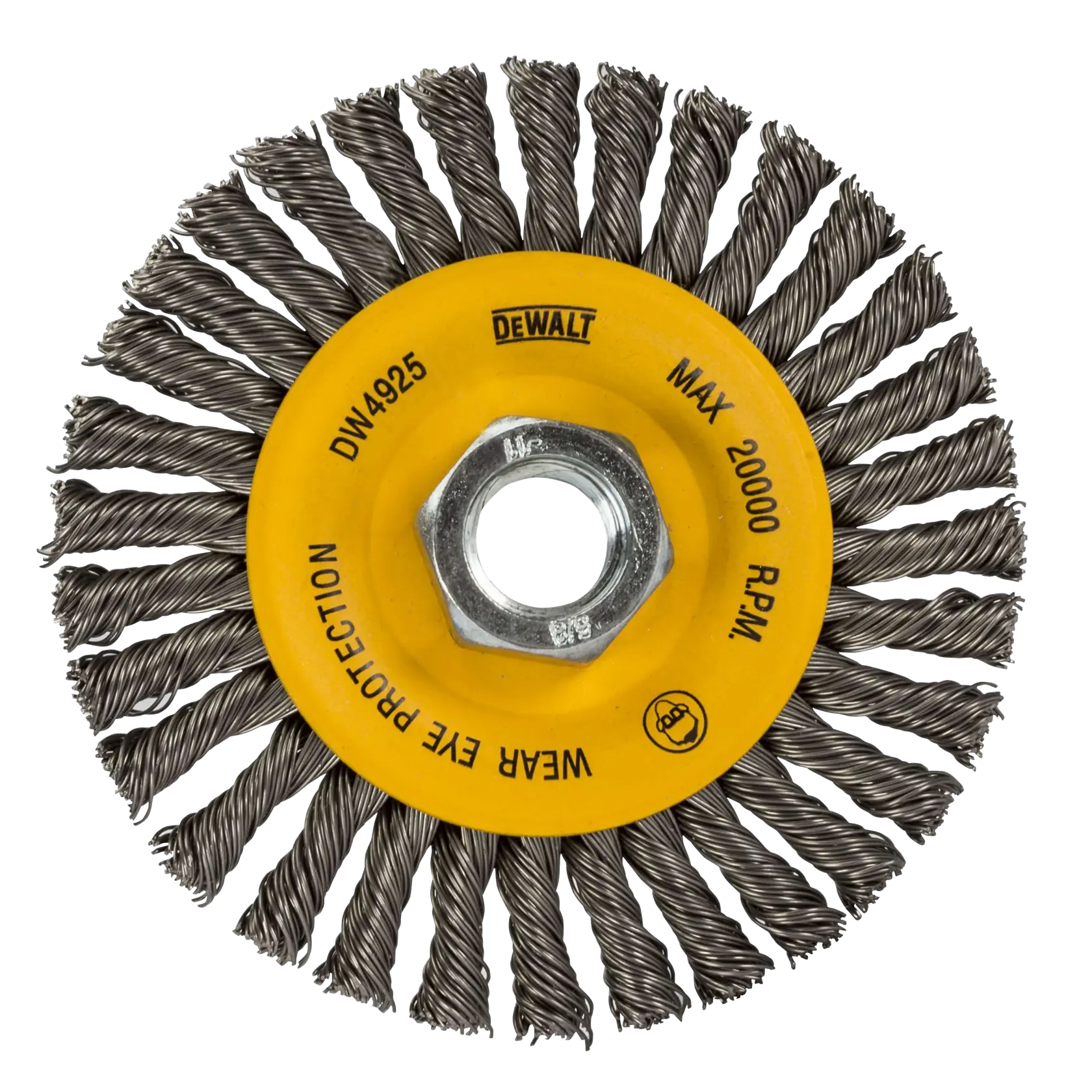A top-down studio view of the DEWALT DW4925B 4-inch carbon stringer bead wire wheel. The image features the yellow metal center with a 5/8-11 inch threaded arbor, surrounded by aggressive knot-twisted carbon steel wire bristles.