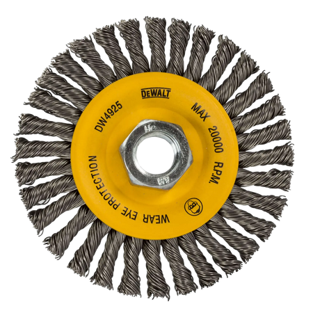 A top-down studio view of the DEWALT DW4925B 4-inch carbon stringer bead wire wheel. The image features the yellow metal center with a 5/8-11 inch threaded arbor, surrounded by aggressive knot-twisted carbon steel wire bristles.