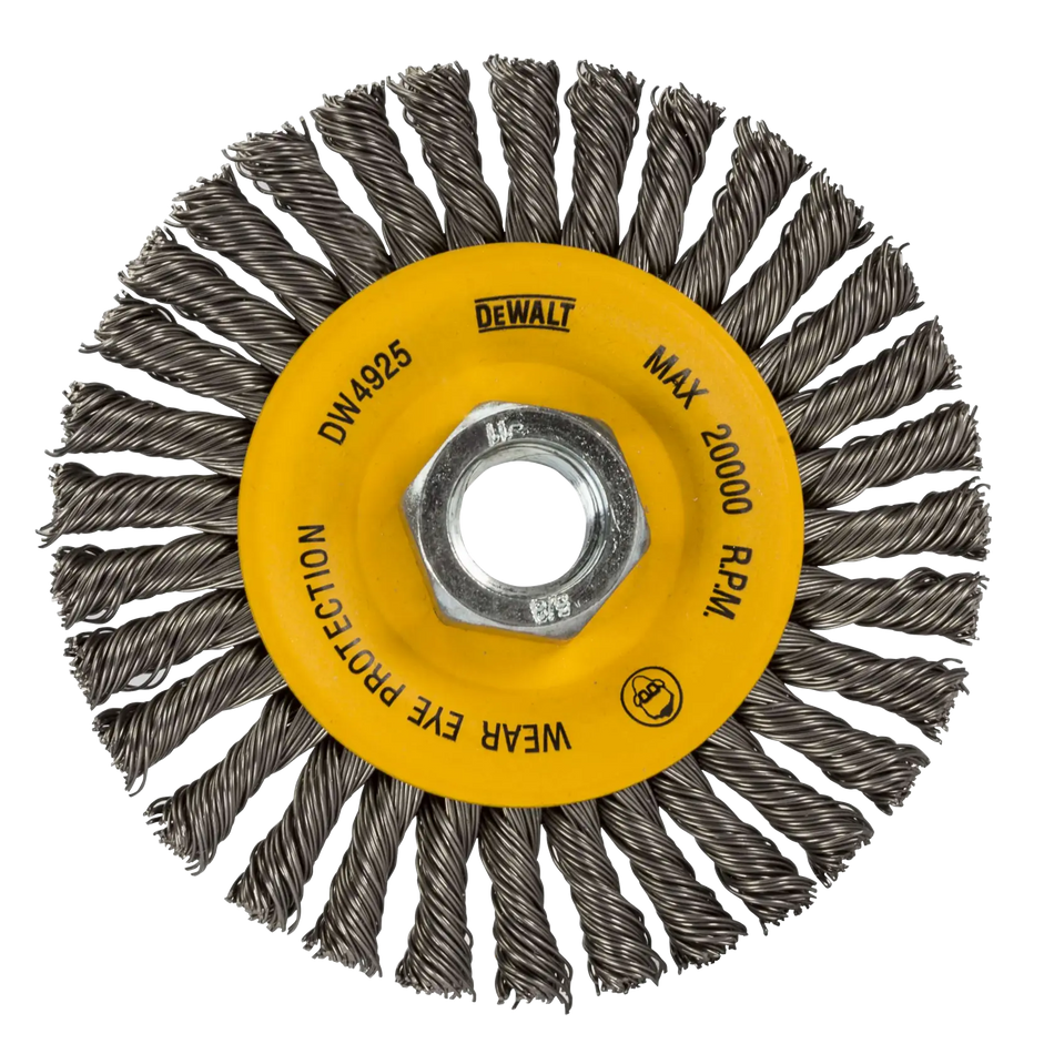 A top-down studio view of the DEWALT DW4925B 4-inch carbon stringer bead wire wheel. The image features the yellow metal center with a 5/8-11 inch threaded arbor, surrounded by aggressive knot-twisted carbon steel wire bristles.