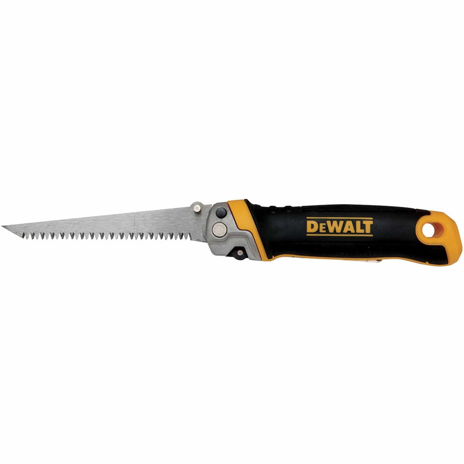 Side profile view of the DEWALT DWHT20123 folding jab saw featuring a 5-1/4 inch steel blade with triple ground teeth and a black and yellow ergonomic bi-material handle.