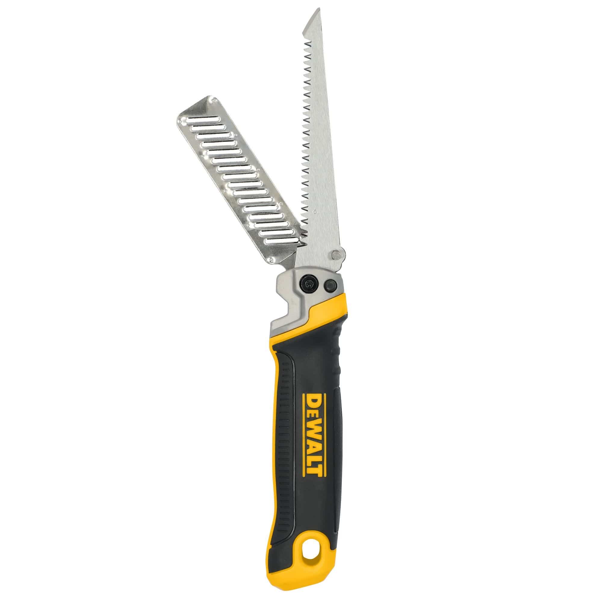 DEWALT 2-in-1 folding jab saw shown with both the triple ground saw blade and the stainless steel rasp partially deployed to illustrate the dual-function folding design.
