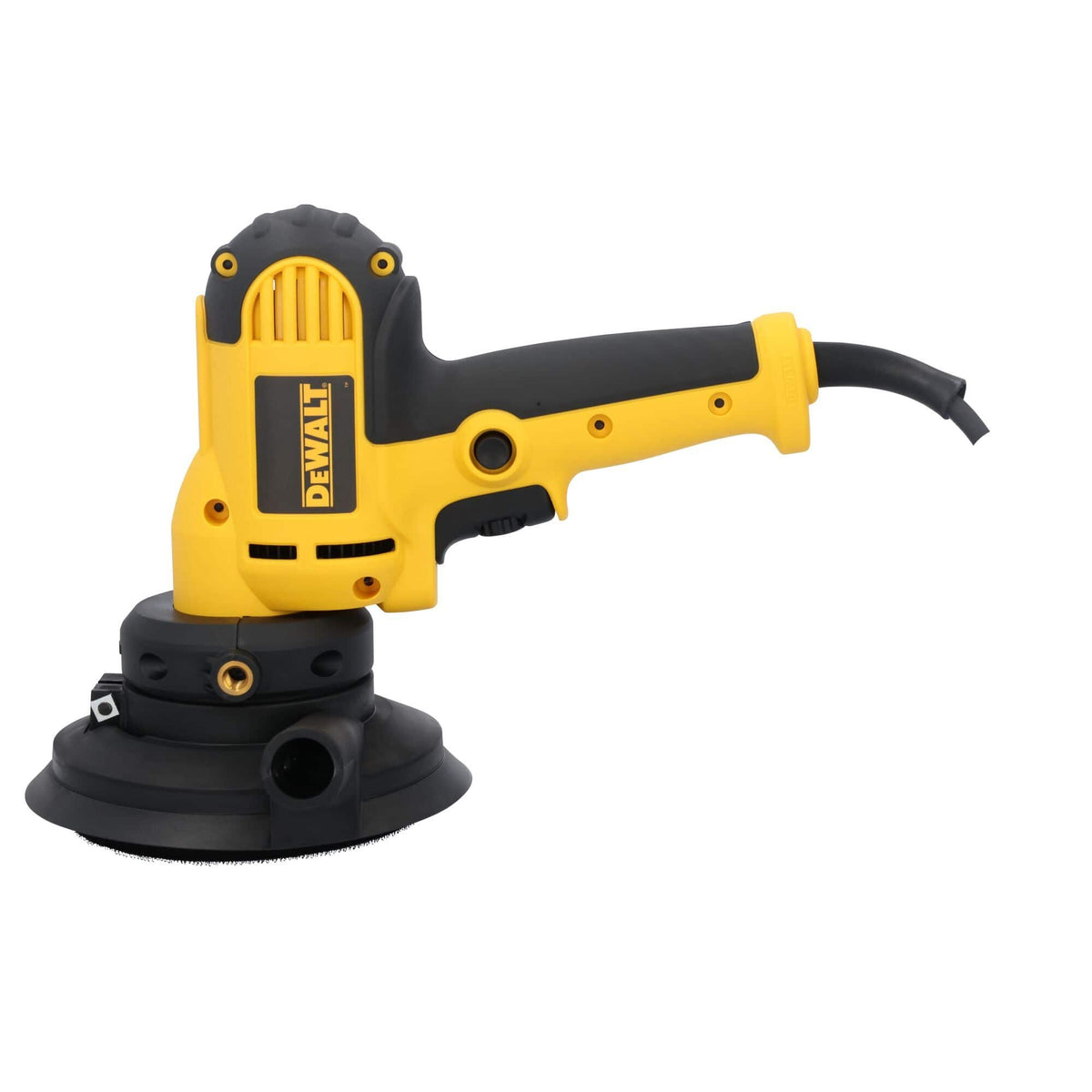Full side view of the corded DEWALT 6-Amp rotary sander showing the ergonomic soft-grip handle and the large surface area of the 5-inch sanding disc.