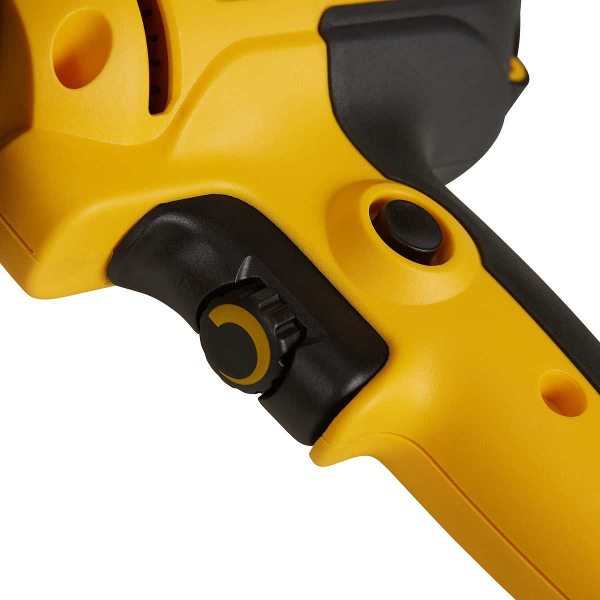 Detailed macro shot of the DEWALT DWE6401DS variable speed trigger and adjustment dial, allowing for precise control between 0 and 3,700 OPM.
