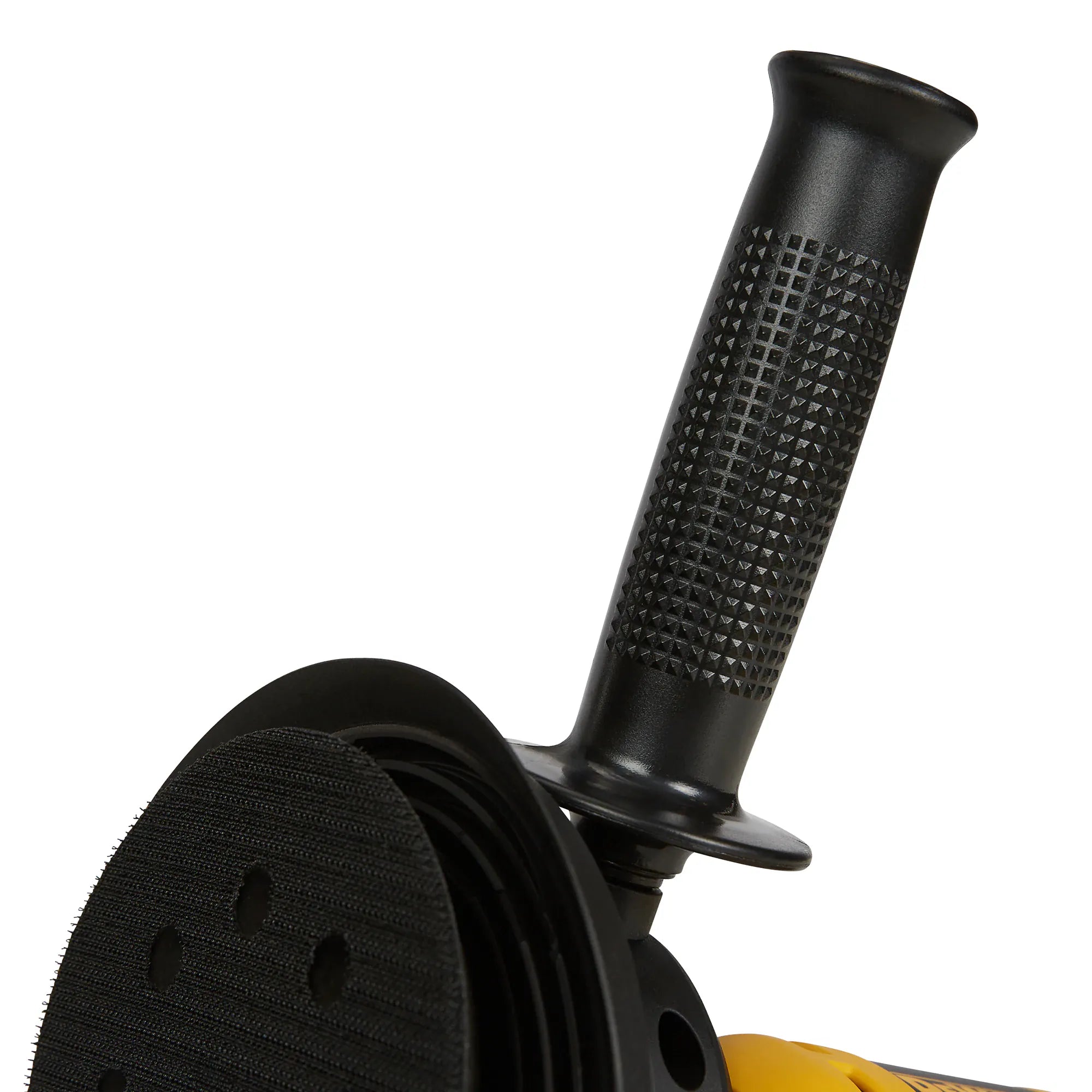 Close-up of the textured, ergonomic side handle and the 5-inch 8-hole hook and loop sanding pad on the DEWALT DWE6401DS rotary sander.
